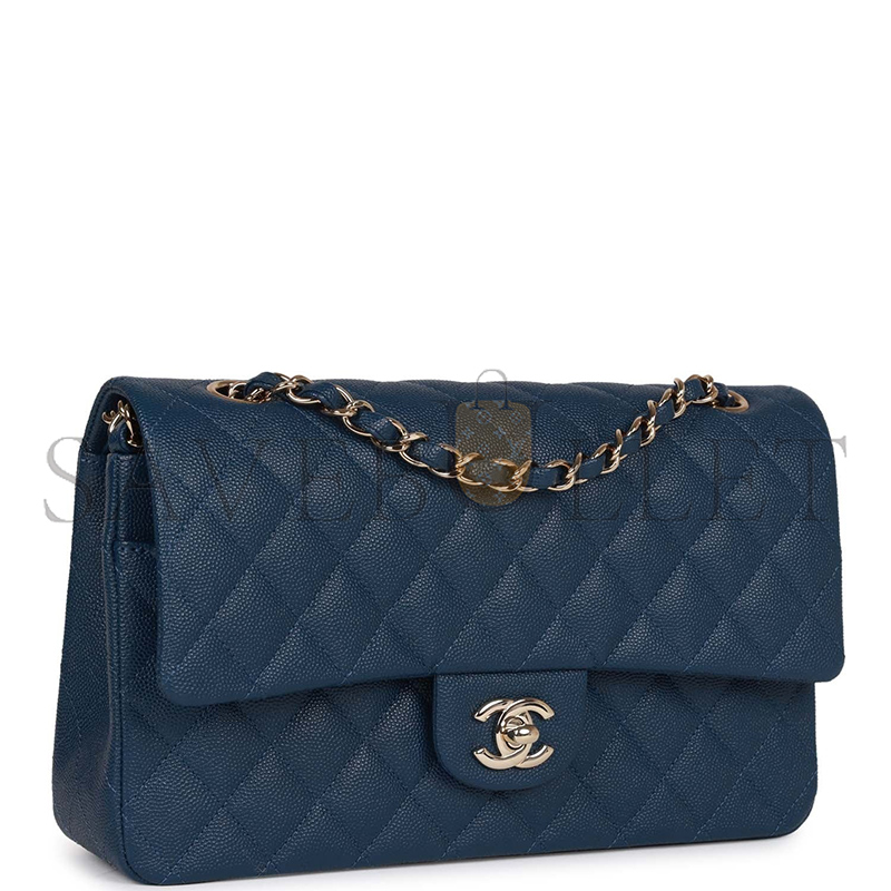 CHANEL MASTER MEDIUM CLASSIC DOUBLE FLAP BAG BLUE CAVIAR LIGHT GOLD HARDWARE (25.5*15.5*6.5cm)